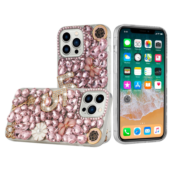 For iPhone 15 Full Diamond with Ornaments Case Cover - Pink Five Ornament Floral