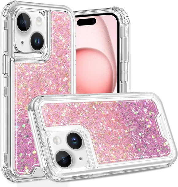 For iP15 Pro Max Epoxy Sticker Glitter 3in1 Shockproof Transparent Hybrid Case - Pink + Light Purple