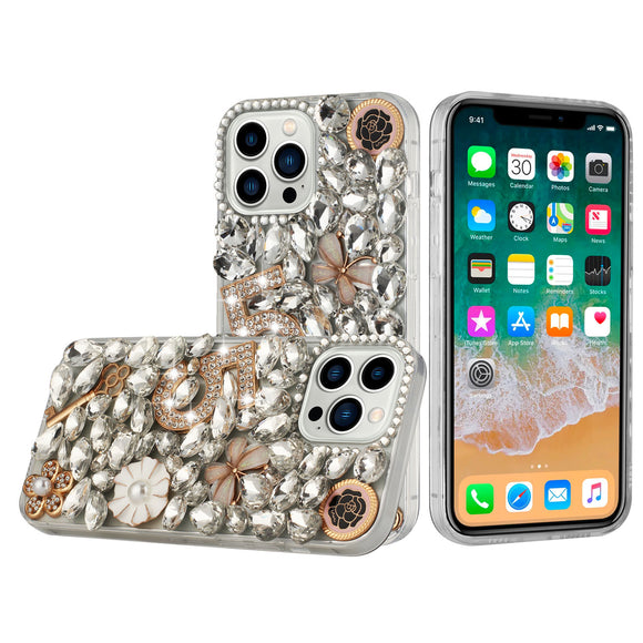 For iP15 Pro Max Full Diamond with Ornaments Case Cover - Crystal Five Ornament Floral
