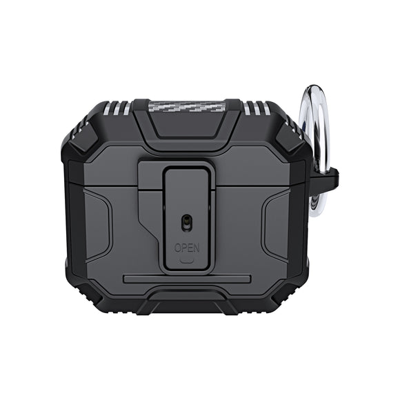 For AirPods 3 Rugged ShockProof Hybrid With Open Button Metal Hook Case Cover - Black