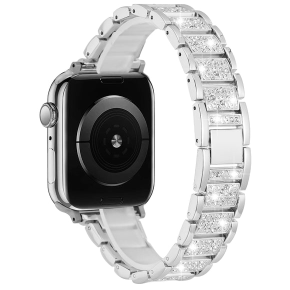 For Apple Watch Size Ultra 49/42/44/45mm Gem Diamond Bling Zinc Alloy Watch Band - Silver