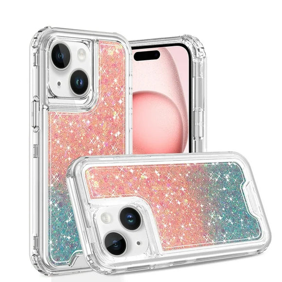 For iP15 Pro Max Epoxy Sticker Glitter 3in1 Shockproof Transparent Hybrid Case - Pink + Light Blue