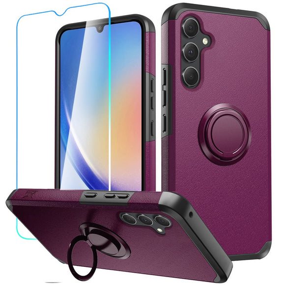 For Samsung A15 5G Tough Hybrid With Ring Stand + Tempered Glass - Dark Purple