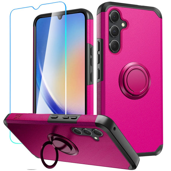 For Samsung A15 5G Tough Hybrid With Ring Stand + Tempered Glass - Hot Pink