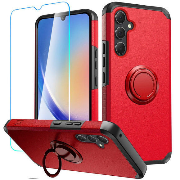 For Samsung A15 5G Tough Hybrid With Ring Stand + Tempered Glass - Red