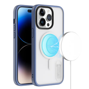 For Apple iPhone 14 6.1" MagSafe Compatible Circle Design Hybrid with Stand Case Cover - Clear/Blue