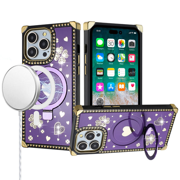 For iP15 Pro Max Magnetic Ring Stand Square Passion Hearts Glitter Case Cover - Purple