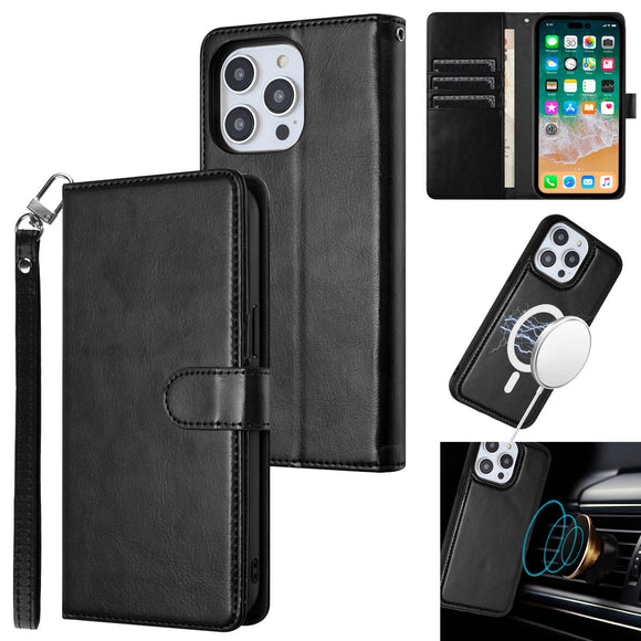 For Samsung Galaxy s24 Ultra Magnetic Ring Compatible Deattachable PU Leather Hybrid Wallet Money Card Holder with Lanyard - Black
