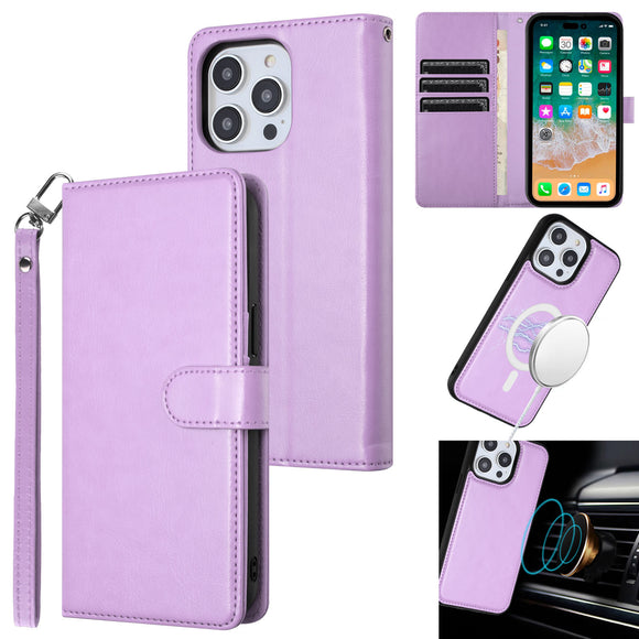 For Samsung Galaxy s24 Magnetic Ring Compatible Deattachable PU Leather Hybrid Wallet Money Card Holder with Lanyard - Bright Purple