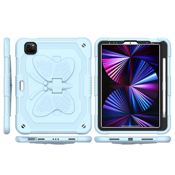 For Apple iPad 10th Gen 2022 Butterfly Kickstand 3in1 Tough Hybrid Case Cover with Shoulder Strap - Light Blue