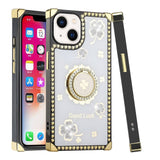 For Apple iPhone 14 PRO MAX 6.7" Passion Square Hearts Diamond Glitter Ornaments Engraving Case Cover - Good Luck Floral White