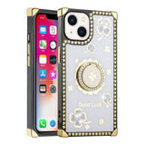 For Apple iPhone 14 PRO MAX 6.7" Passion Square Hearts Diamond Glitter Ornaments Engraving Case Cover - Good Luck Floral White