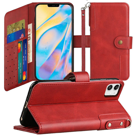 For iPhone 15 Plus Retro Wallet Card Holder Case Cover - Red