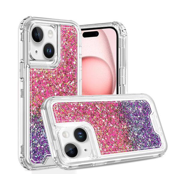 For iP15 Pro Max Epoxy Sticker Glitter 3in1 Shockproof Transparent Hybrid Case - Hot Pink + Purple