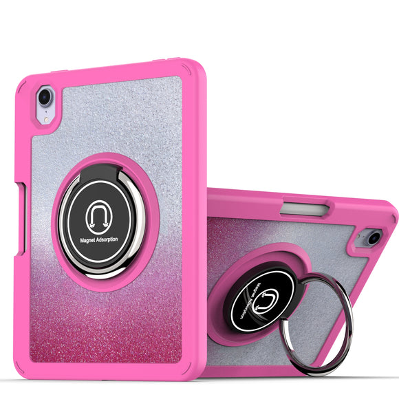 For Apple iPad Mini 6th Gen 8.3 inch (2021) Two Tone Diamond Bling Magnetic Ring Stand Hybrid Case Cover - Hot Pink Diamond