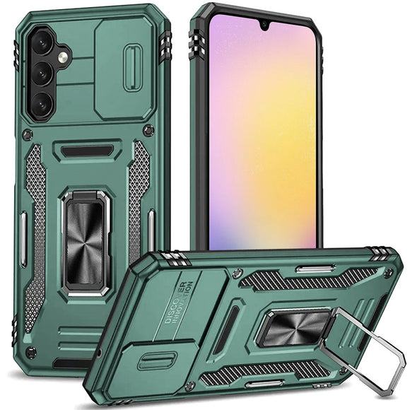 For Samsung A25 5G Utter Tough Metal Ring Movable Camera Window Hybrid Case Cover - Midnight Green