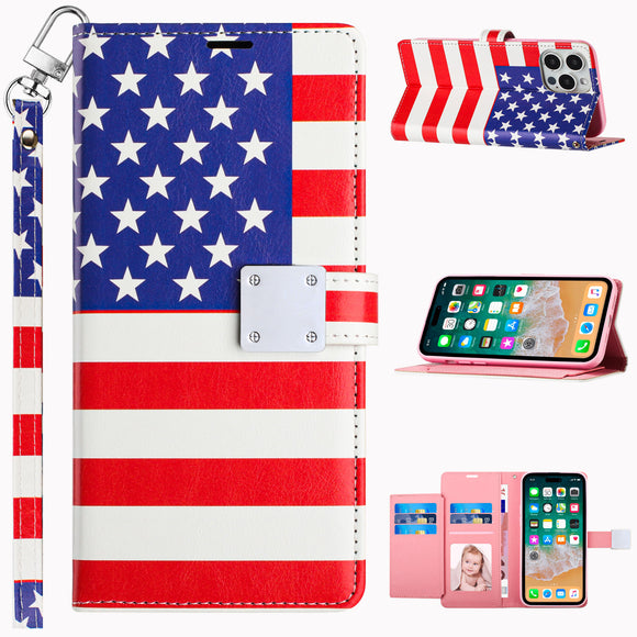 For Samsung Galaxy s24 Design Wallet ID Credit Card Money Holder with Magnetic Metal Closure including Lanyard - American Flag