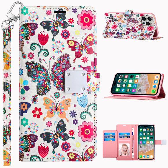 For Samsung Galaxy s24 Ultra Design Wallet ID Credit Card Money Holder with Magnetic Metal Closure including Lanyard - Colorful Butterflies