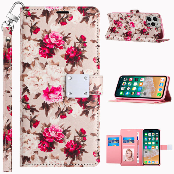 For Samsung Galaxy s24 Ultra Design Wallet ID Credit Card Money Holder with Magnetic Metal Closure including Lanyard - Romantic Pink White Roses Floral