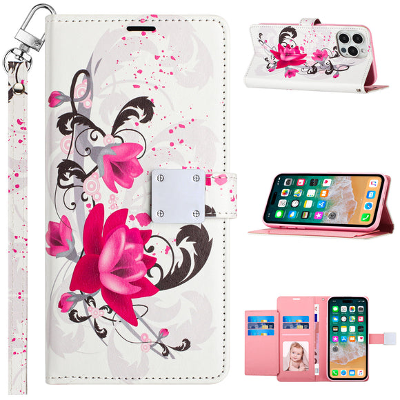 For Samsung Galaxy s24 Ultra Design Wallet ID Credit Card Money Holder with Magnetic Metal Closure including Lanyard - Rose Pink Floral