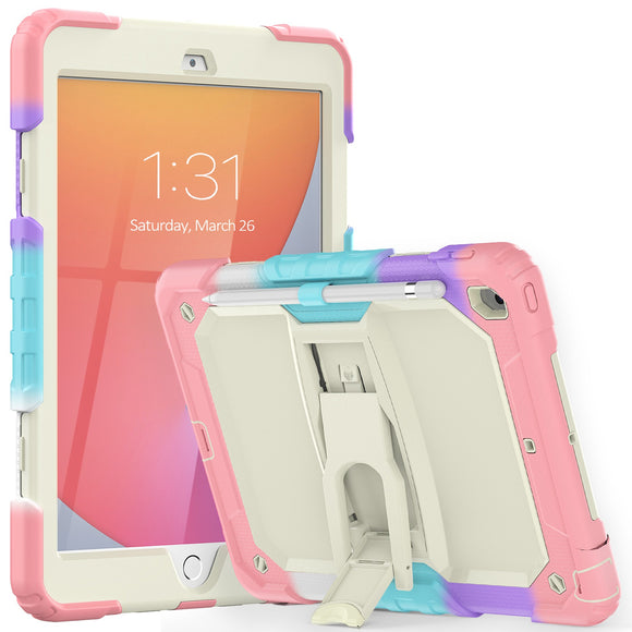For Apple iPad 9th Gen 10.2 inch (2021) Heavy Duty Full Body Rugged Tablet Kickstand Case Cover - Beige/Camo Pink