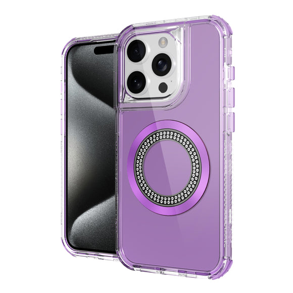 For iP15 Pro Max Magnetic Ring Circle Bling Chrome 3in1 Hybrid Case - Purple