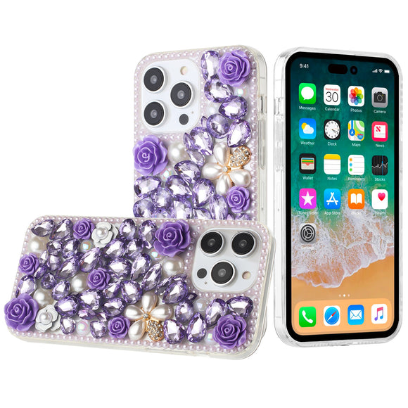 For iPhone 15 Pro Rose Flower Full Diamond Bling Stones - Purple