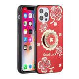 For iPhone 15 Plus SPLENDID Diamond Glitter Ornaments Engraving Case Cover -Good Luck Floral Red