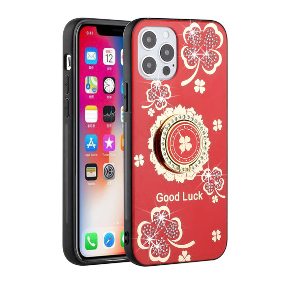 For iPhone 15 Plus SPLENDID Diamond Glitter Ornaments Engraving Case Cover - Good Luck Floral Red