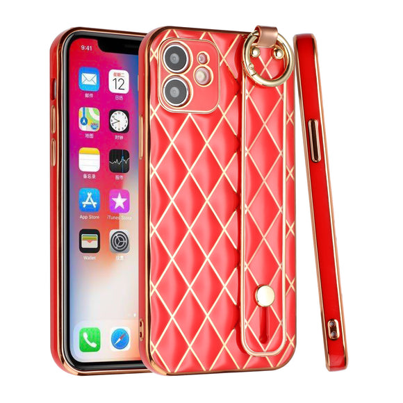 For iPhone 13 Promax Lavished Chromed Grid Design Thick TPU with Strap - Red
