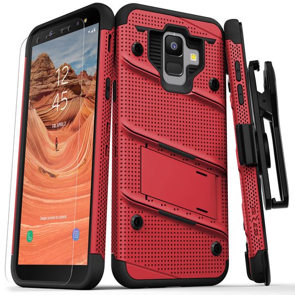 FOR SAMSUNG GALAXY A6 - ZIZO BOLT COVER WITH FULL EDGE TO EDGE TEMPERED GLASS SCREEN PROTECTOR, HOLSTER, KICKSTAND, LANYARD-RED & BLACK