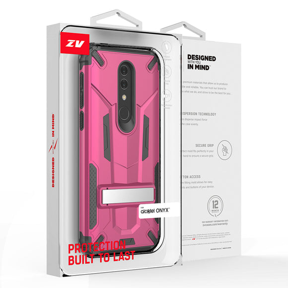 FOR ALCATEL ONYX - HYBRID TRANSFORMER CASE WITH KICKSTAND AND UV COATED PC/TPU LAYERS IN ZV BLISTER PACKAGING - PINK