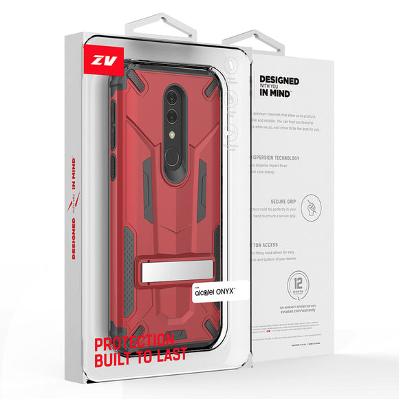 FOR ALCATEL ONYX - HYBRID TRANSFORMER CASE WITH KICKSTAND AND UV COATED PC/TPU LAYERS IN ZV BLISTER PACKAGING - RED