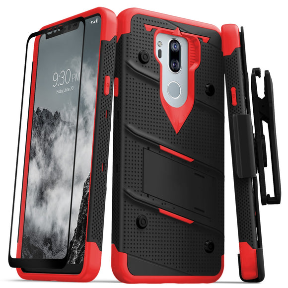 LG G7 THINQ - BOLT COVER W/ KICKSTAND, HOLSTER, TEMPERED GLASS SCREEN PROTECTOR, LANYARD