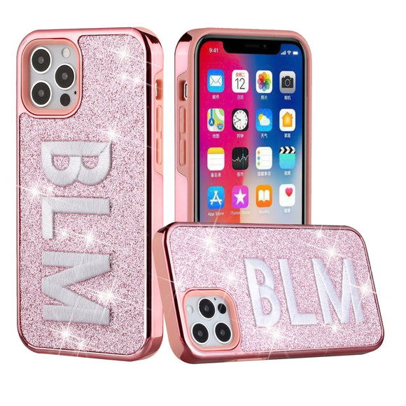 iPhone 12/Pro (6.1 Only) Embroidery Bling Glitter Chrome Hybrid Case Cover - BLM on Pink