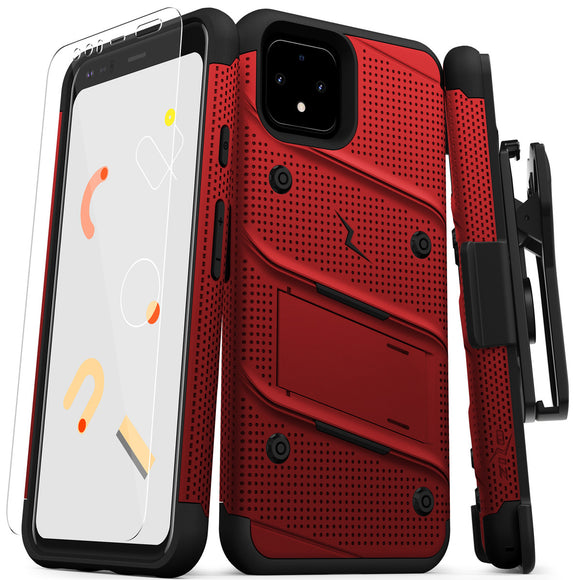 ZIZO BOLT GOOGLE PIXEL 4 CASE - BUILT-IN KICKSTAND BELT HOLSTER AND TEMPERED GLASS SCREEN PROTECTOR - RED/BLACK