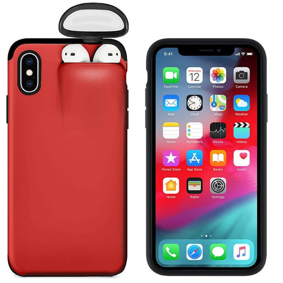 For Apple iPhone Xs Max Cover For AirPods Earphone Holder Hard Case - Red