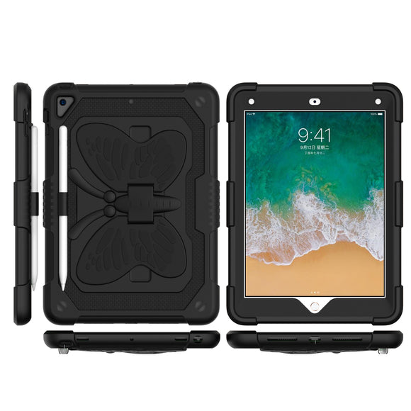 For Apple New iPad 9.7 inch Butterfly Kickstand 3in1 Tough Hybrid Case Cover with Shoulder Strap - Black/Black