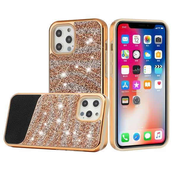 For iPhone 13 Pro Bling Animal Design Glitter Hybrid Case Case - Gun Rose Zebra