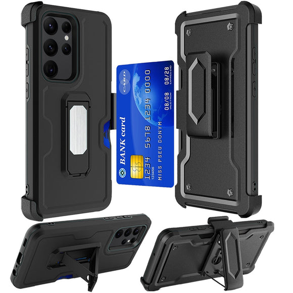 For Samsung S23 CARD Holster with Kickstand Clip Hybrid Case Cover - Black