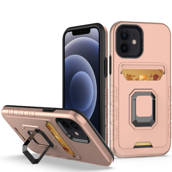 For iPhone 13 Pro Card Holder with Magnetic Ring Stand Hybrid Case Cover - Rose Gold
