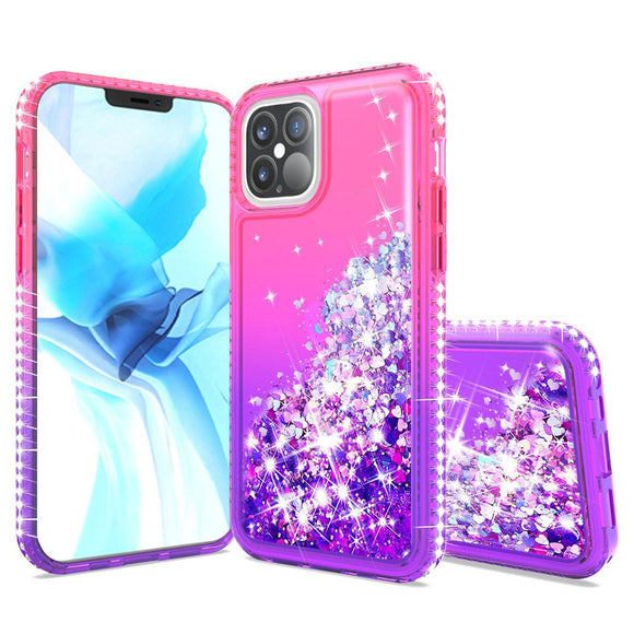 iPhone 12/Pro (6.1 Only) Two-Tone Quicksand Glitter Cover Case - Hot Pink+Purple