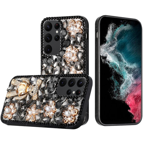 For Samsung S23 Full Diamond with Ornaments Case Cover - Black Panda Floral