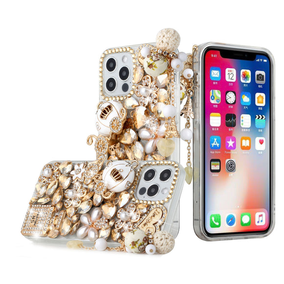 For iPhone 14/13 6.1 Full Diamond with Ornaments Case Cover - Ultimate Multi Ornament Gold