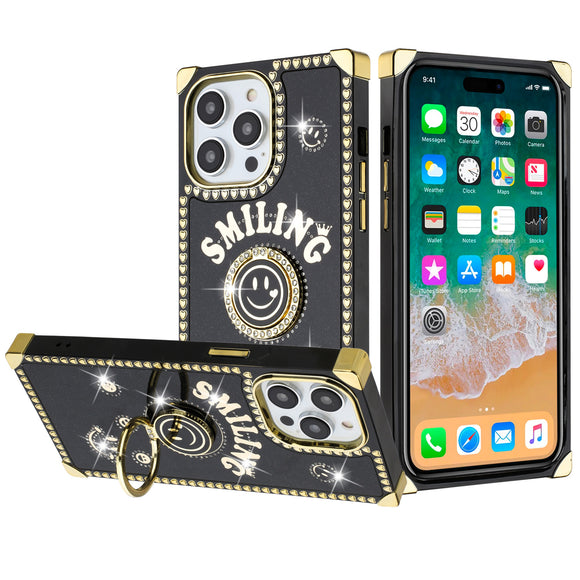 For iPhone 13 Pro Max Passion Square Hearts Smiling Diamond Ring Stand Case Cover - Black