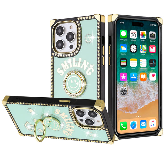 For iPhone 13 Pro Max Passion Square Hearts Smiling Diamond Ring Stand Case Cover - Teal
