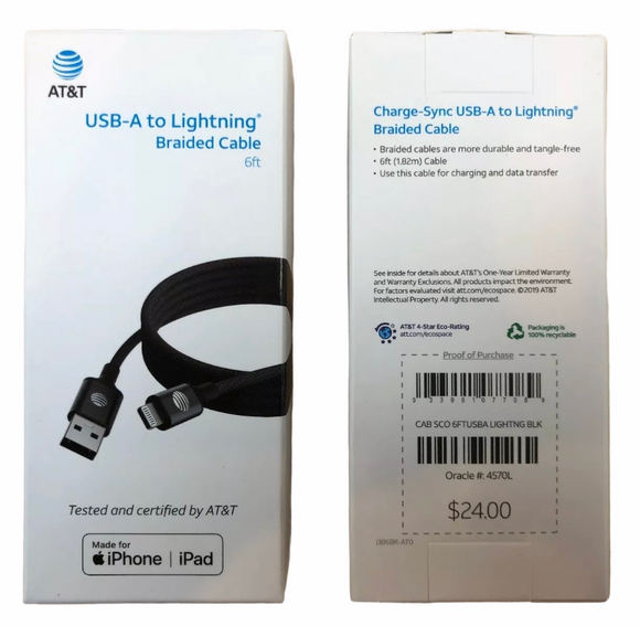 At&t iPhone 6ft Mfi Lightning Braided Charge & Sync Cable - Black