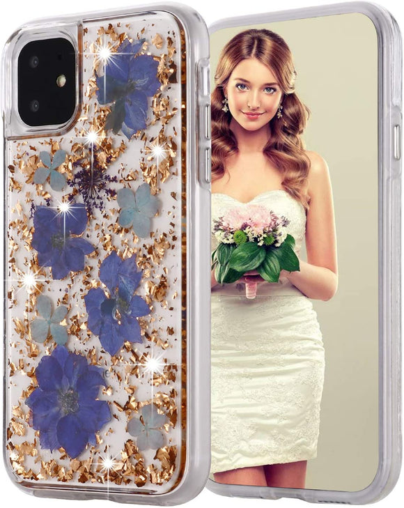 iPhone 13 Pro Gold Flake & Purple/Green Flower Infused Case