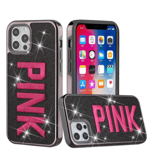For iPhone 12/Pro (6.1 Only) Embroidery Bling Glitter Chrome Hybrid Case Cover - Pink on Black