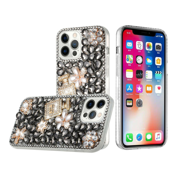 For iPhone 13 6.1 Full Diamond with Ornaments Case Cover - Pearl Flowers with Perfume Smoke